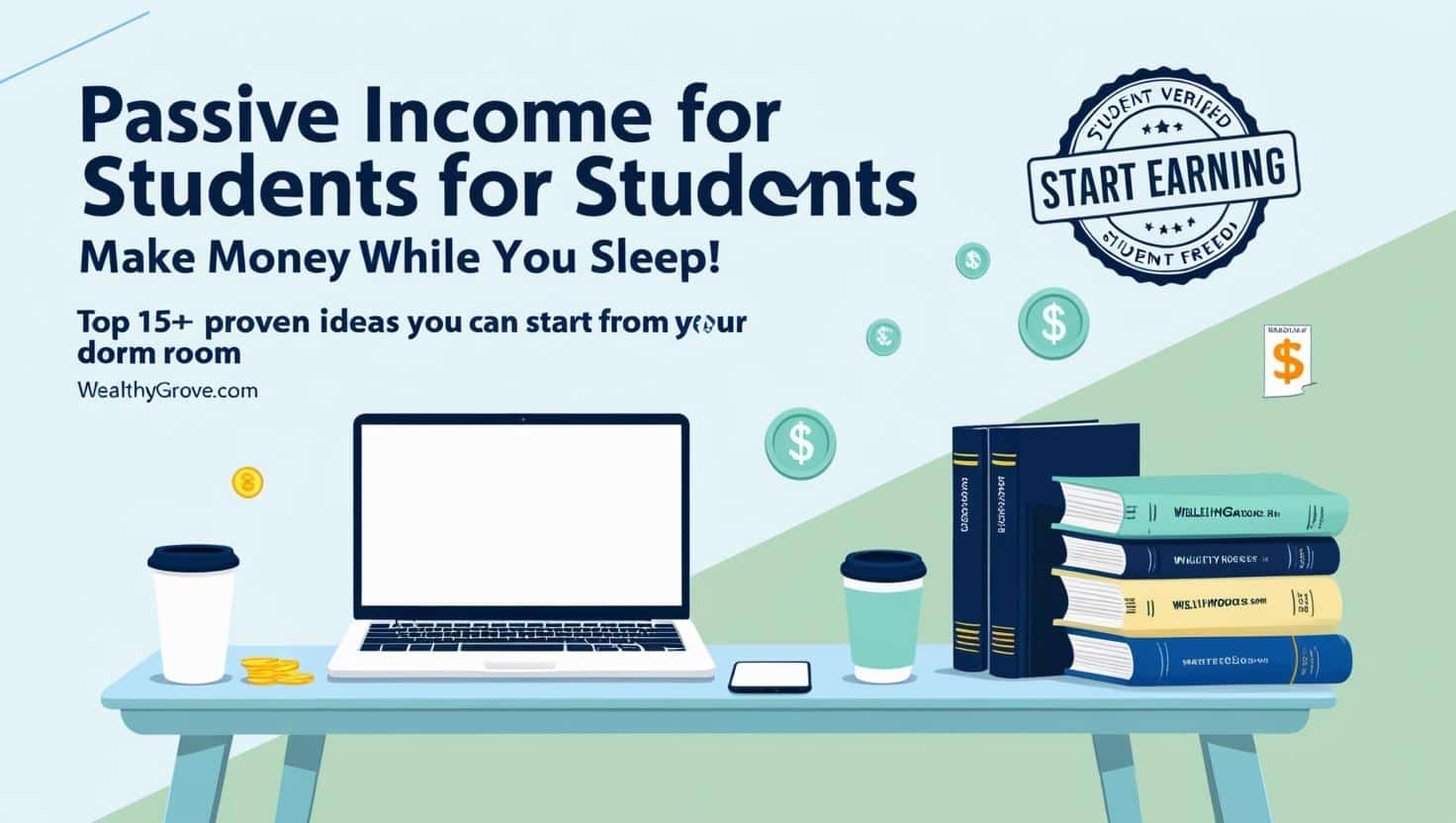 "Student sitting at a desk with a laptop, surrounded by icons representing passive income ideas like blogging, investing, digital products, and YouTube, symbolizing ways to earn money while studying."